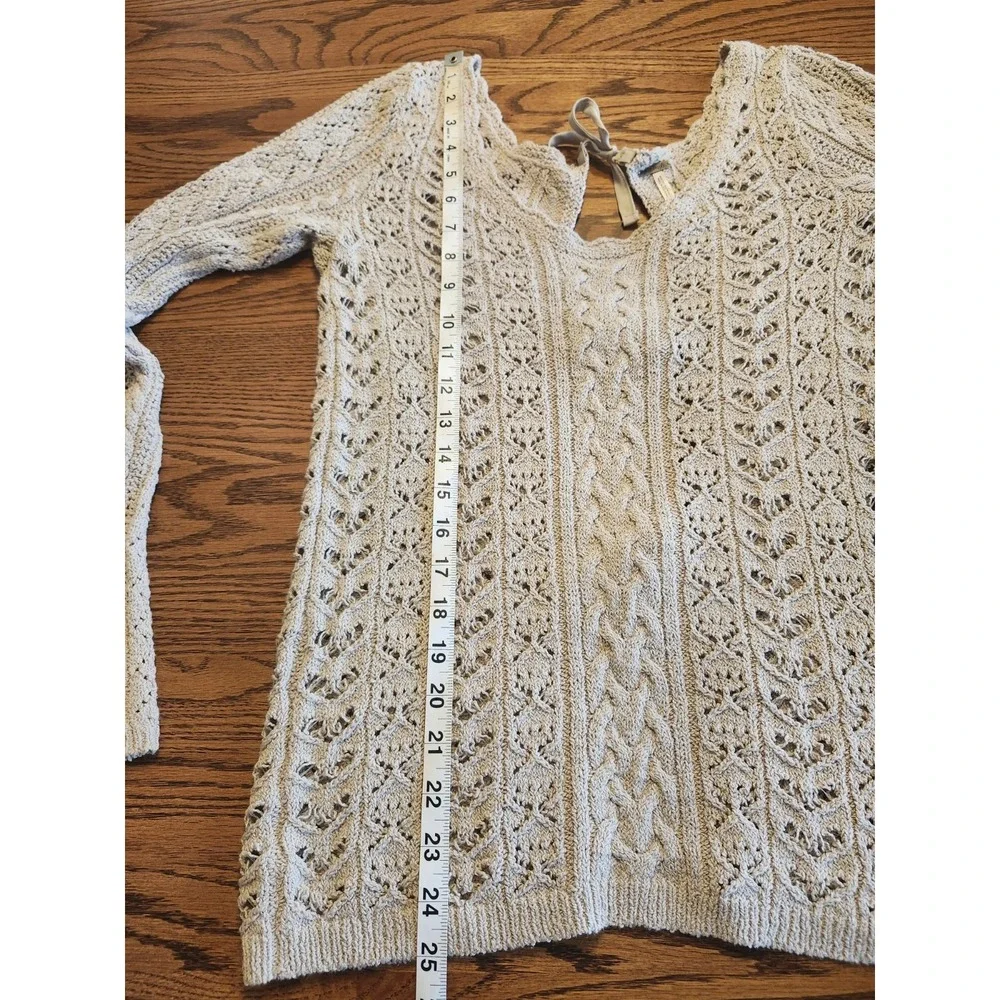 Free People Cable Knit Sweater Womens Size Large Beige Open Back Bow Lightweight